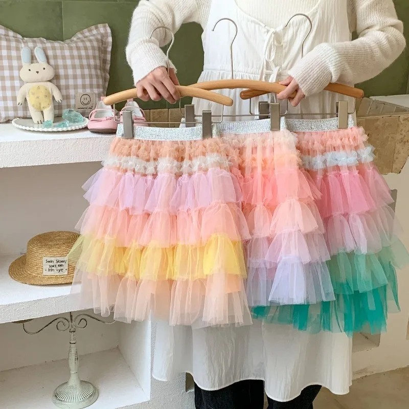 Wholesale Rainbow Tulle Layered Tutu Skirt Girls Princess Mesh Petticoat Ruffle Ballet Dance Skirt Kids Birthday Party Dress