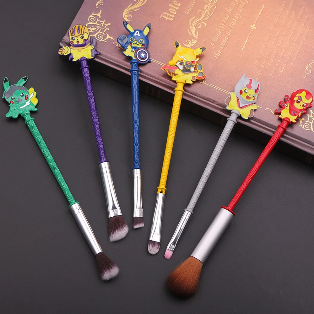 6Pcs/Set Kawaii Anime Pokemon Makeup Brush Marvel Collection Pikachu Portable Soft Concealer Brush Beauty Foundation Toy Gifts