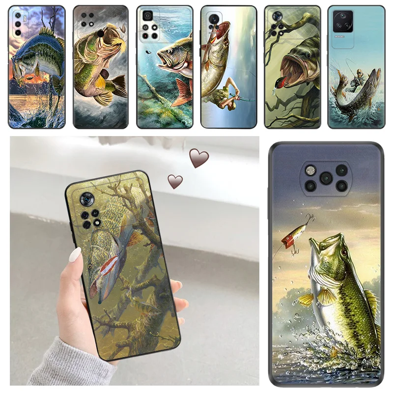 Soft Phone Cases For Xiaomi Poco C51 X5 Pro F4 X4 GT M5 M4 F3 M3 C55 C50 C40 X3 NFC F1 River Carp Fishing Art Black Matte Cover