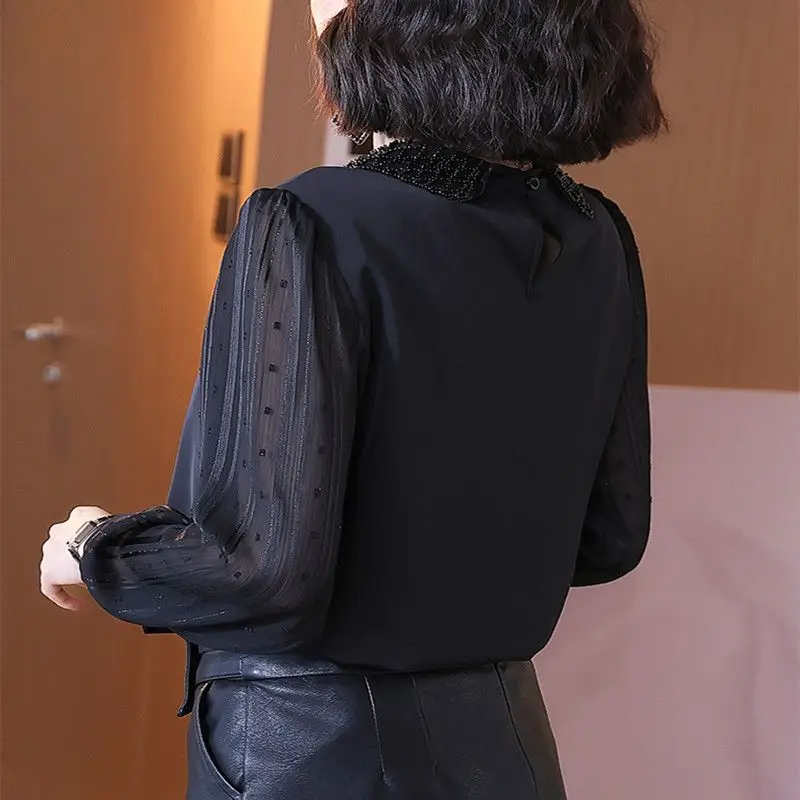 Spring and Autumn Women\'s Pullover Doll Neck Solid Color Lace Up Loose Fit Long Sleeve Chiffon Shirt Fashion Commuter Tops