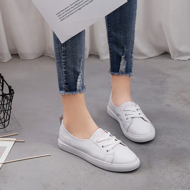 CXJYWMJL Genuine Leather Casual Sneakers for Women Plus Size Spring Summer Skate Shoes Ladies Vulcanized Shoes Little White