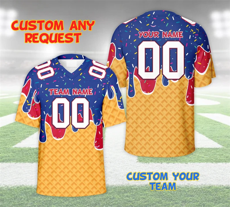 3D Print Funny Cosplay Ice Cream Pattern Football T-shirt V-neck Customized Name Number Personality Uniform Cool New Trend Tee view 6