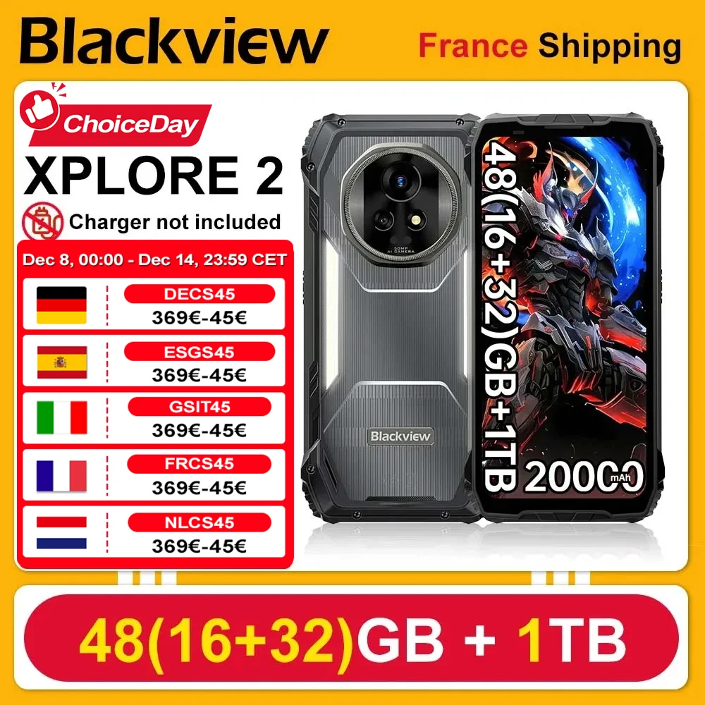 Blackview XPLORE 2 [Sans chargeur UE] Téléphone robuste 5G MediaTek Dimensity 8300 48(16+32)GB+1TB Écran AMOLED 3,2K 6,73” Batterie 20000mAh Chargeur 120W