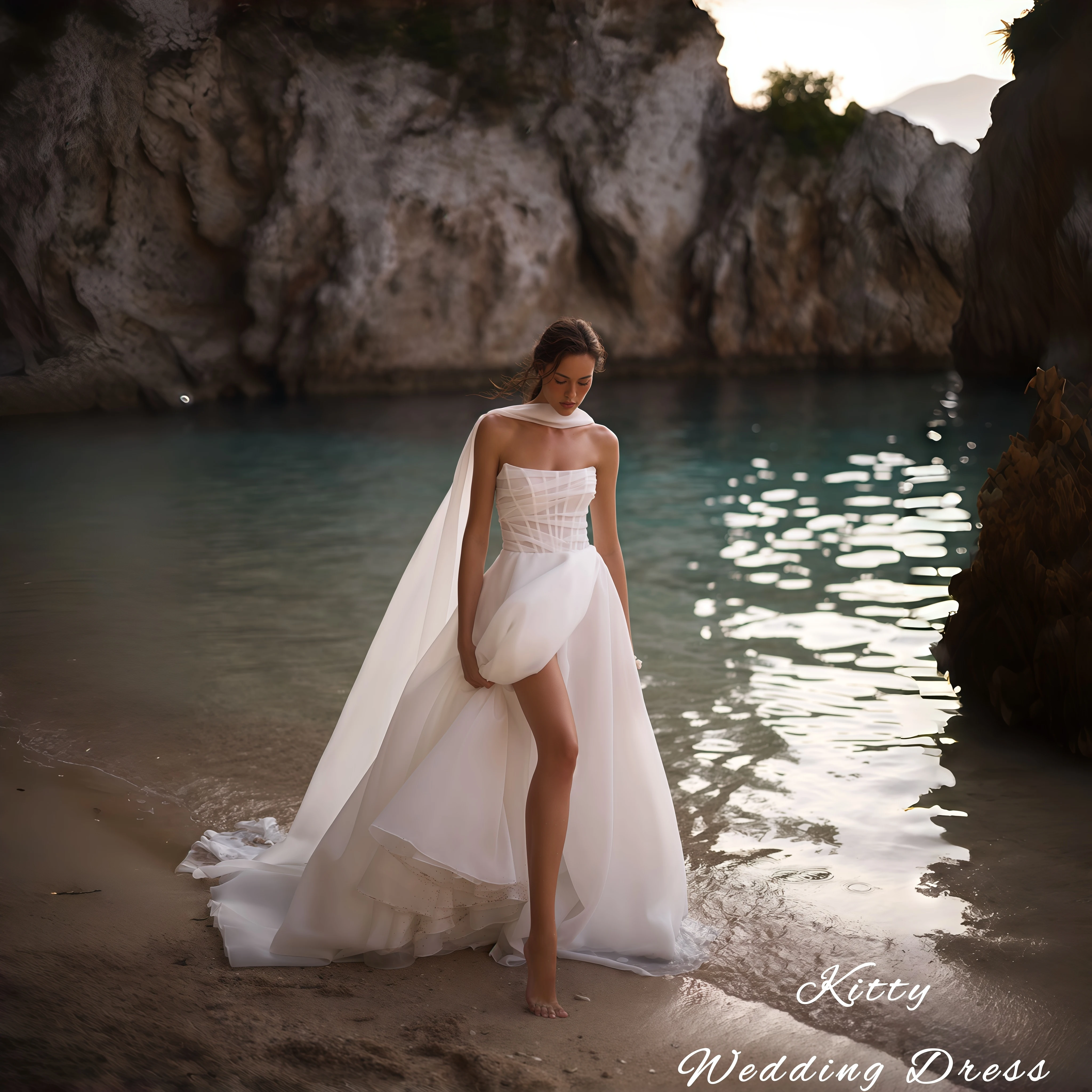 

Kitty Customized Romantic Beach Wedding Dress Strapless Sheer Grid Bodice Organza A-Line Floor Length Bridal Gown with High Slit