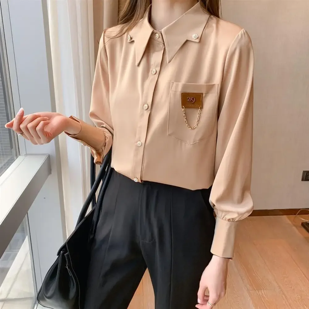 Office Lady Commute Solid Color Single-breasted Shirt Autumn Fashion Chain Spliced Turn-down Collar Blouse Women\'s Clothing