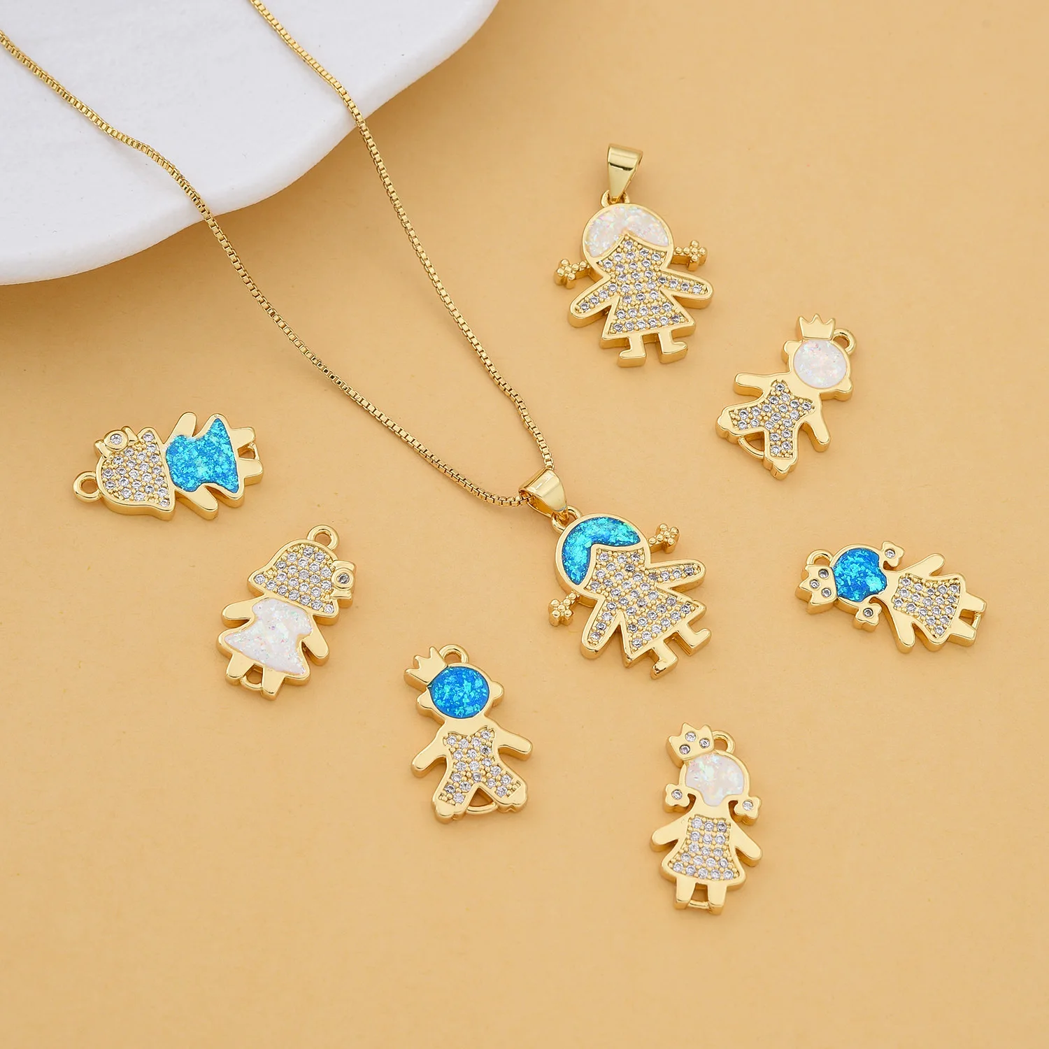 5pcs Fashionable Copper Inlaid Zircon Obo Cute Angel Boy Girl Necklace Pendant DIY Jewelry Making Materials Accessorie Wholesale