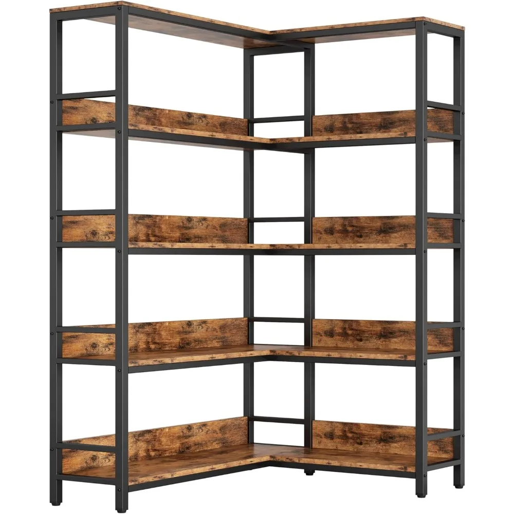 

Industrial Bookshelves 5 Tiers Corner Bookcases with Baffles Etagere Shelf Storage Rack with Metal Frame for Living Room Home O
