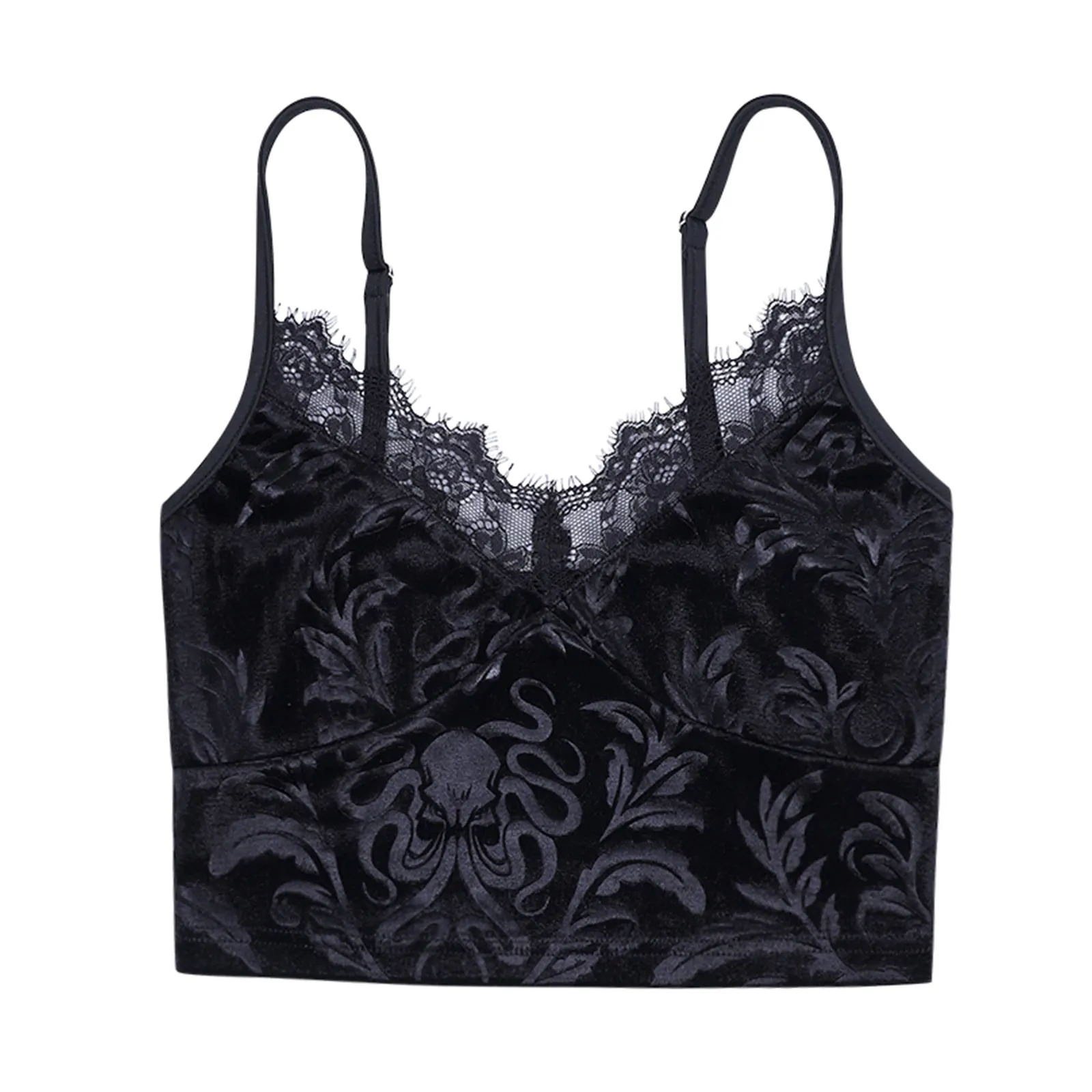 Frauen sexy Gothic Crop Top ärmellose V-Ausschnitt Blumen Spitze Trim Tank Leibchen Clubwear Outfit fallen y2k Streetwear