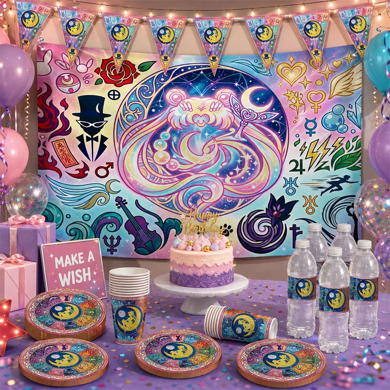 Bunte Sailor Moon Themen-Pappteller, Becher und Strohhalme im Cartoon-Stil für Familienfeiern, Geburtstagspartys und Geschenksets