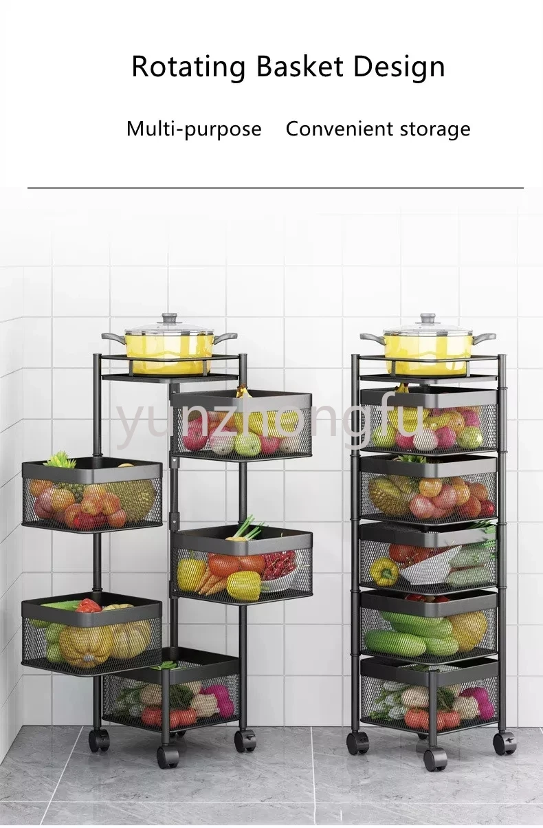 Storage Rotatable Shelf 3 4 5 Layer Rotating Practical Trolley Kitchen Square Shelf with Wheel Storage Rack