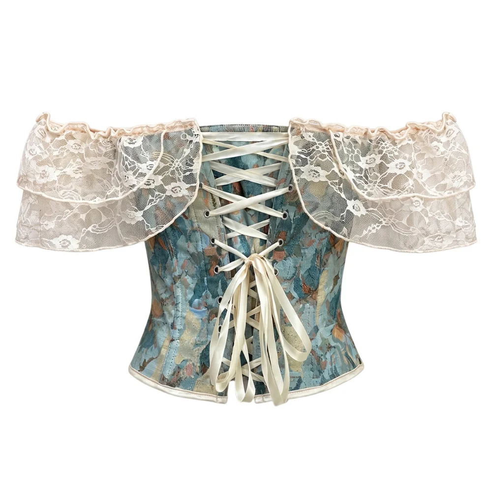 Women's Off-Shoulder Lace Corset Bustier Top Floral Print Front Hook Back Lace-Up Gothic Party Crop Top