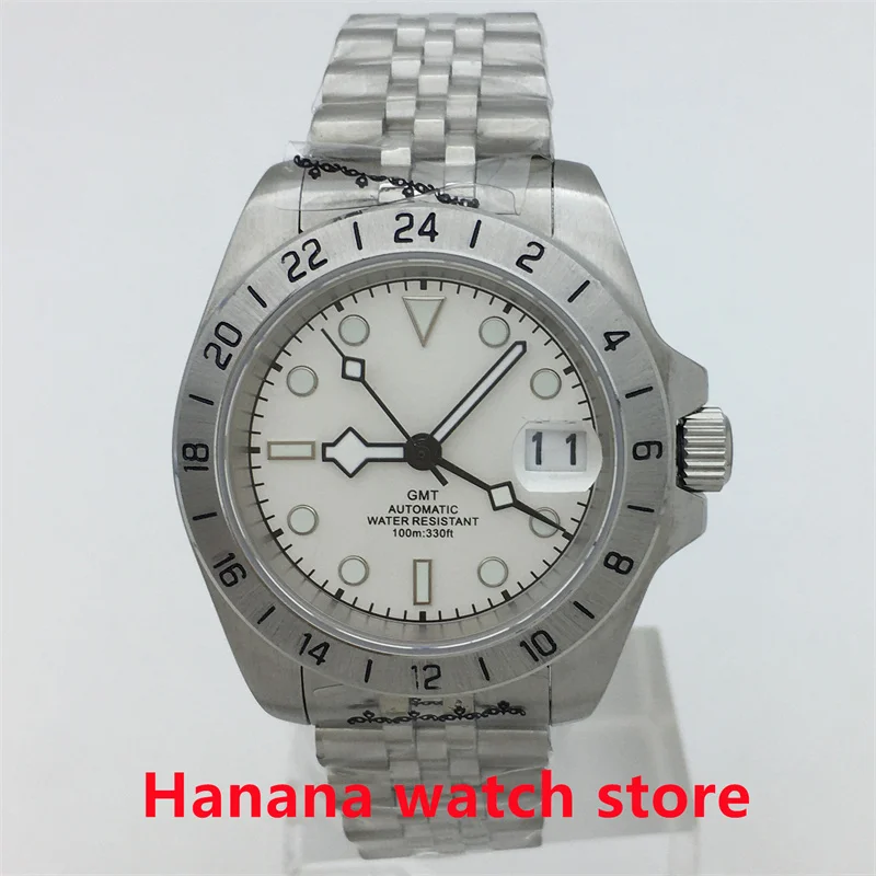 40mm NH34A GMT Automatic Mechanical Fashion Men's Watch 24 hours Fixed bezel Sapphire glass white dial luminous silver