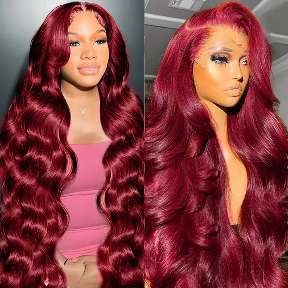 

30 34 Inch 99J Red Lace Front Human Hair Wigs Burgundy Colored Loose Body Wave Wig Glueless 13x4 HD Transparent Lace Frontal Wig