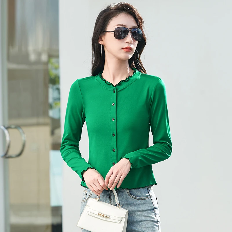 Fashionable and versatile slim fit button up cardigan short style women's long sleeved solid color cotton top