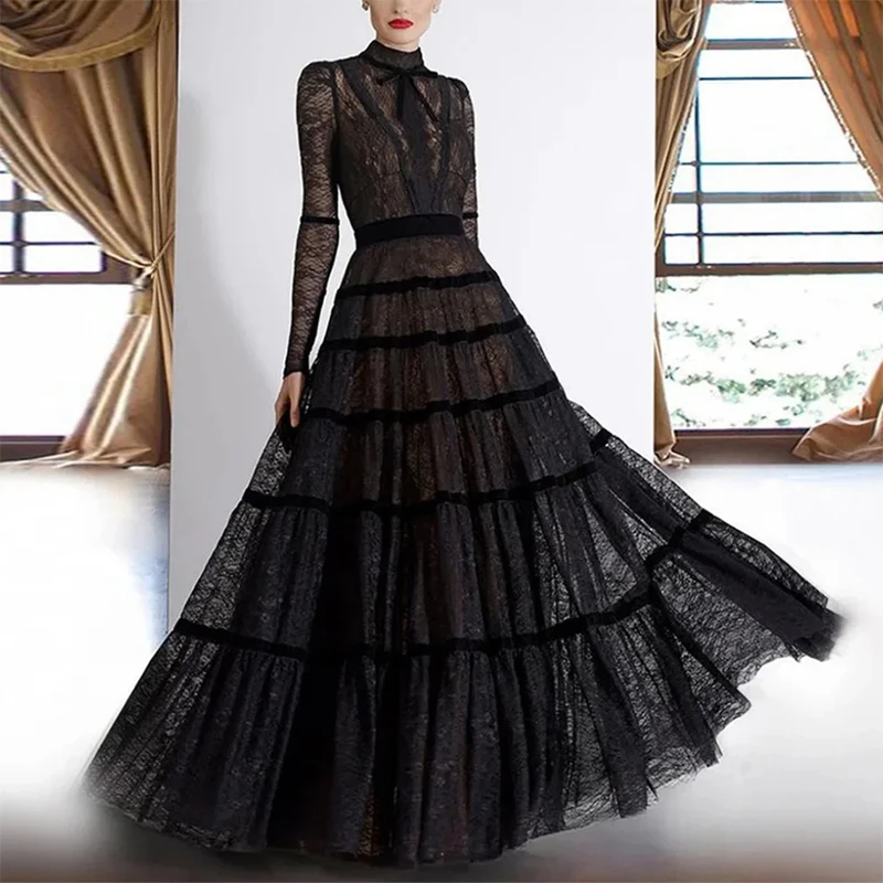 

Black Lace Formal Evening Dresses Women's High Neck Long Sleeve A Line Exquisite Elegant Prom Dresses Customized