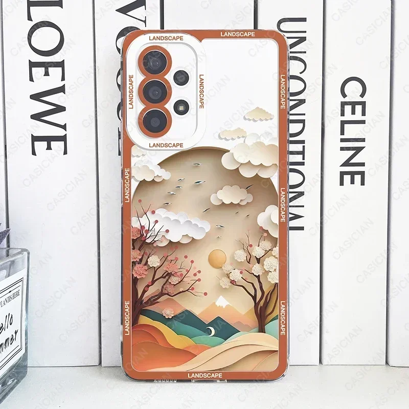 Case For Samsung Galaxy S20 Plus S21 FE S22 S23 S24 Ultra A53 A52 A54 A55 A34 5G Paper Cute Art Landscape Aesthetic Phone Cover