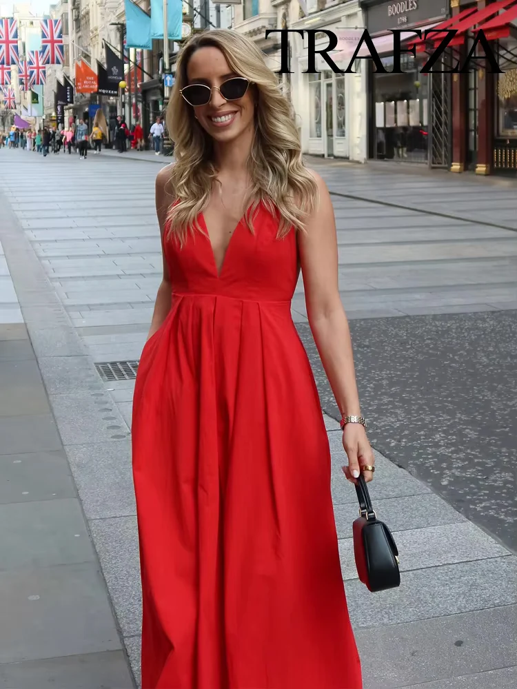 

TRAFZA 2025 Woman Summer Solid V-Neck Back Zipper Lace-up Midi Long Dress Female Sexy Sleeveless Backless Pleated Decorate Dress