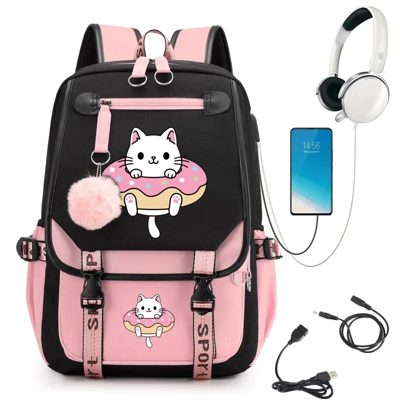 Donut Cat Anime Schoolbag for Girls Large High School Student Backpack Bags Cartoon Usb Kawaii Bagpack