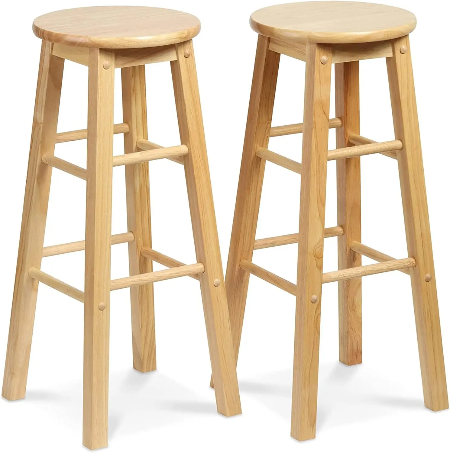 

Set of 2 Classic Round Seat Kitchen Counter Bar Stools, 29 Inch Tall with Square Legs for Dining and Bars, Natural Wood