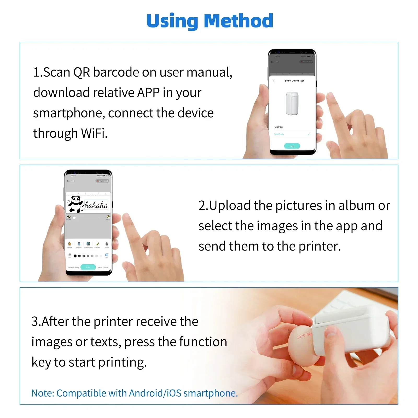 EVEBOT PrintPods Handheld Printer Mini Portable Inkjet Tattoo Printer with Ink Cartridge WiFi Connection Support Android / iOS