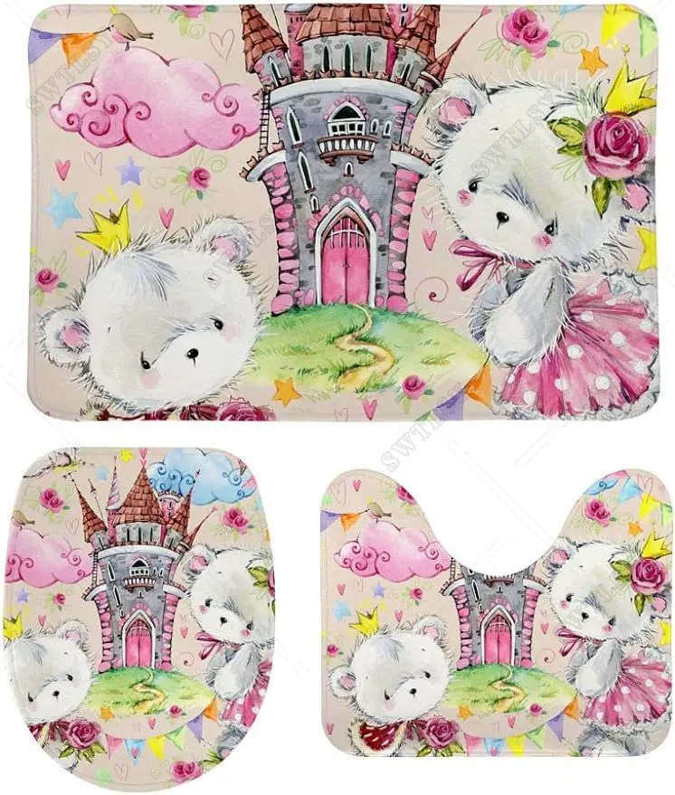 Non-Slip Bath Mat Set, U-Shaped Contour Rug, Fairy Tale, Princess Castle, Batroom Combination, Cute, Pink, 3 Piece