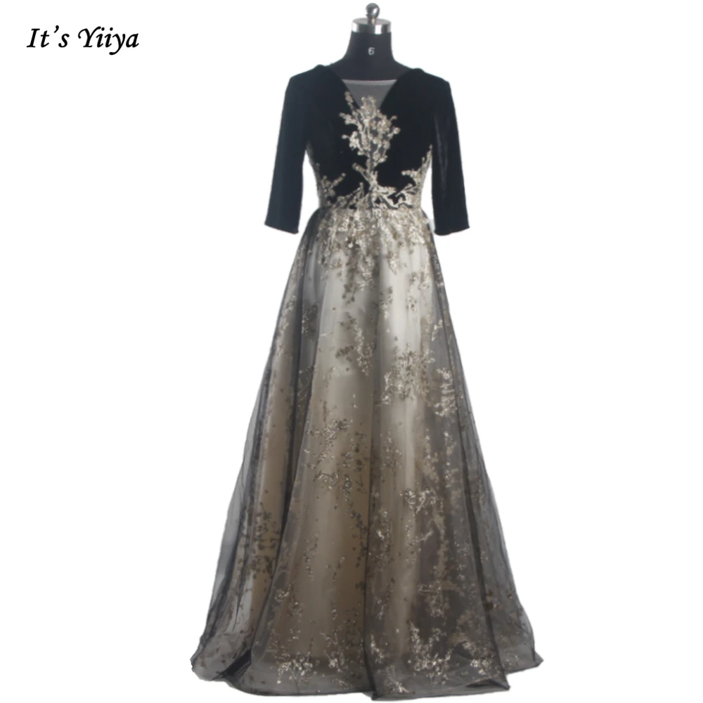 

Evening Dress Black Velour O-nech Half Sleeves Golden Bling Appliques Pleat A-line Floor Length Plus size Women Party Dress A951