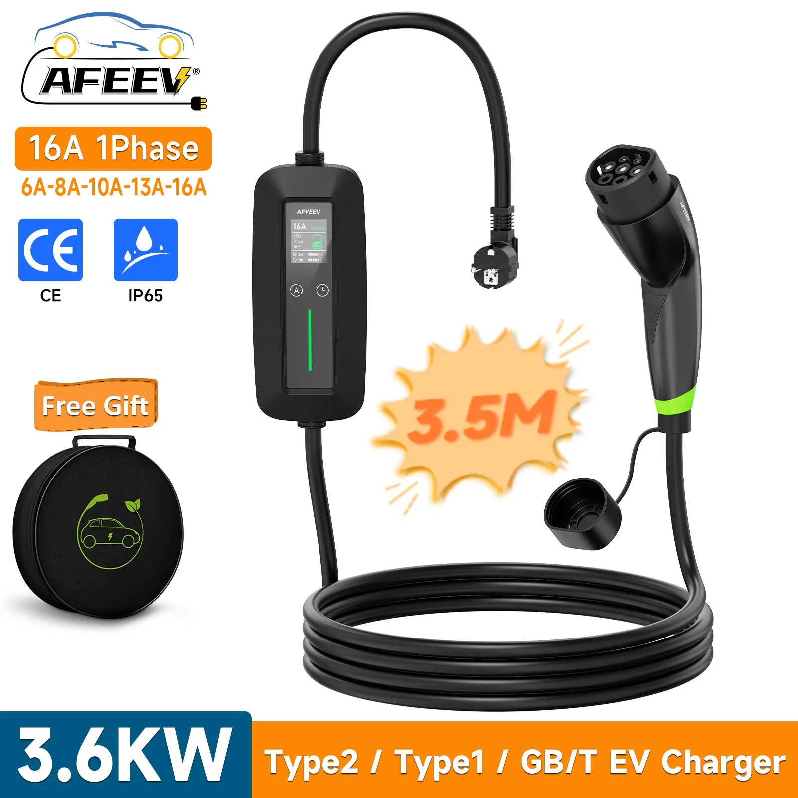 

AFEEV Type2 IEC 62196-2 Portable EV Charger 3.6KW 16A Type1 SAEJ1772 Wallbox EVSE Fast Charging Cable Car Charger single phase