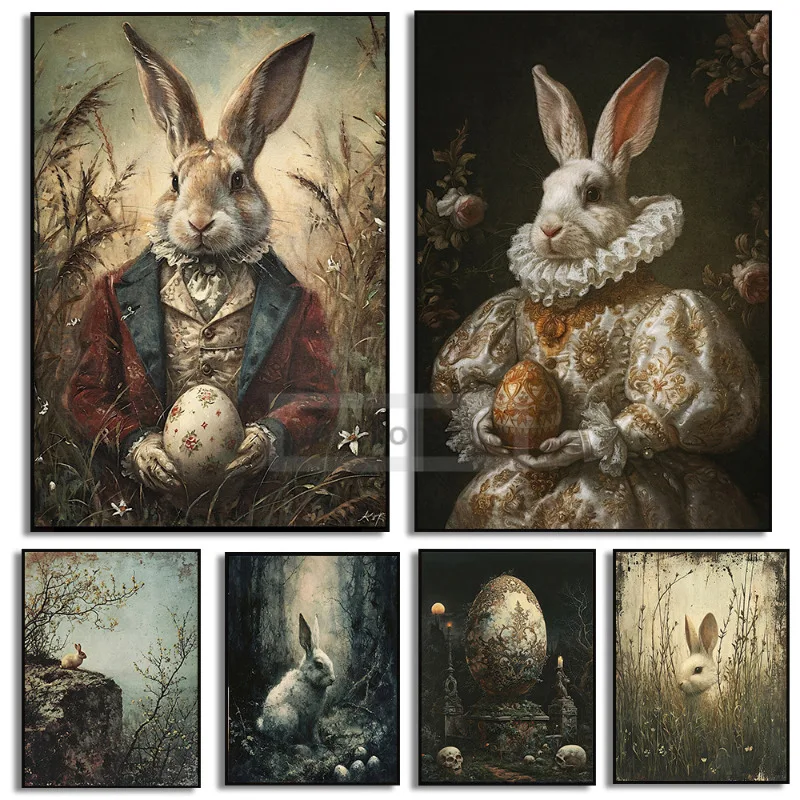 

Victorian Easter Bunny Rabbit Wall Art Spring Animal Portrait Painting Vintage Hare Artwork Dark Academia Poster Goth Decor