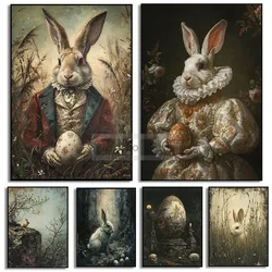 Victorian Easter Bunny Rabbit Wall Art Spring Animal Portrait Painting Vintage Hare Artwork Dark Academia Poster Goth Decor