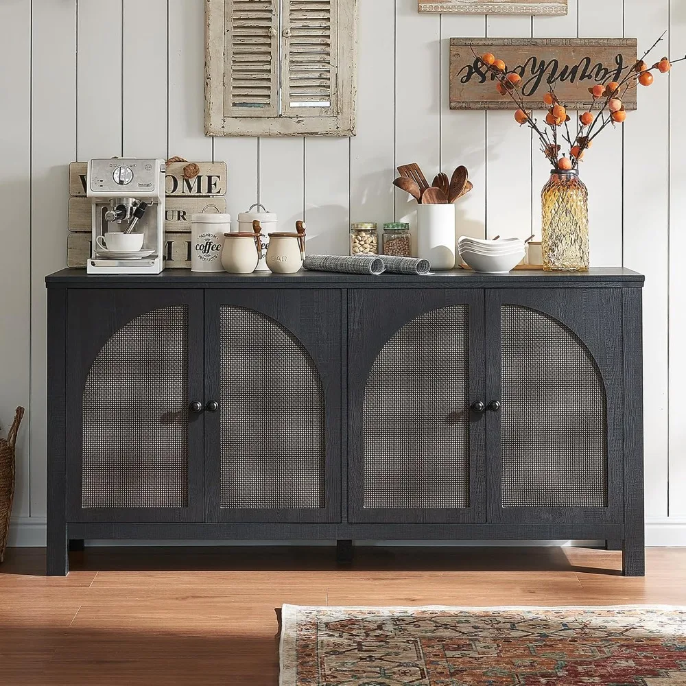 Sideboard Buffet Cabinet with Storage, 60inch Kitchen Buffet Table with Soft Closing Door Hinges, Rattan Coffee Bar Cabinet