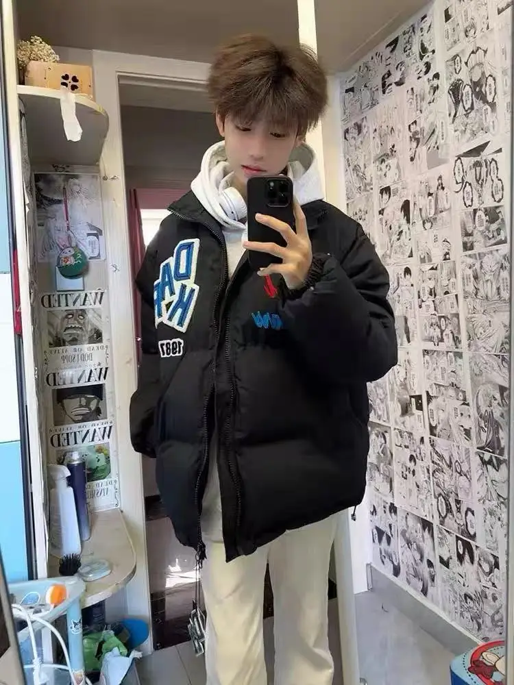 

Thiened Cotton Jaet with Zipper Letter Embroidery Stand Collar for Men And Women Warm Versatile Winter Coat for Couples