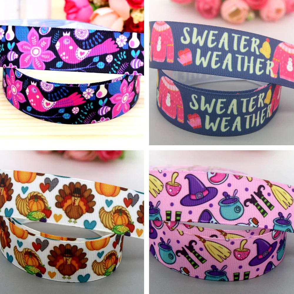 DHK 50yards Thanksgiving Hollaween Winter Printed Grosgrain Ribbon Accessories Material Headwear Decoration DIY Sewing S2011
