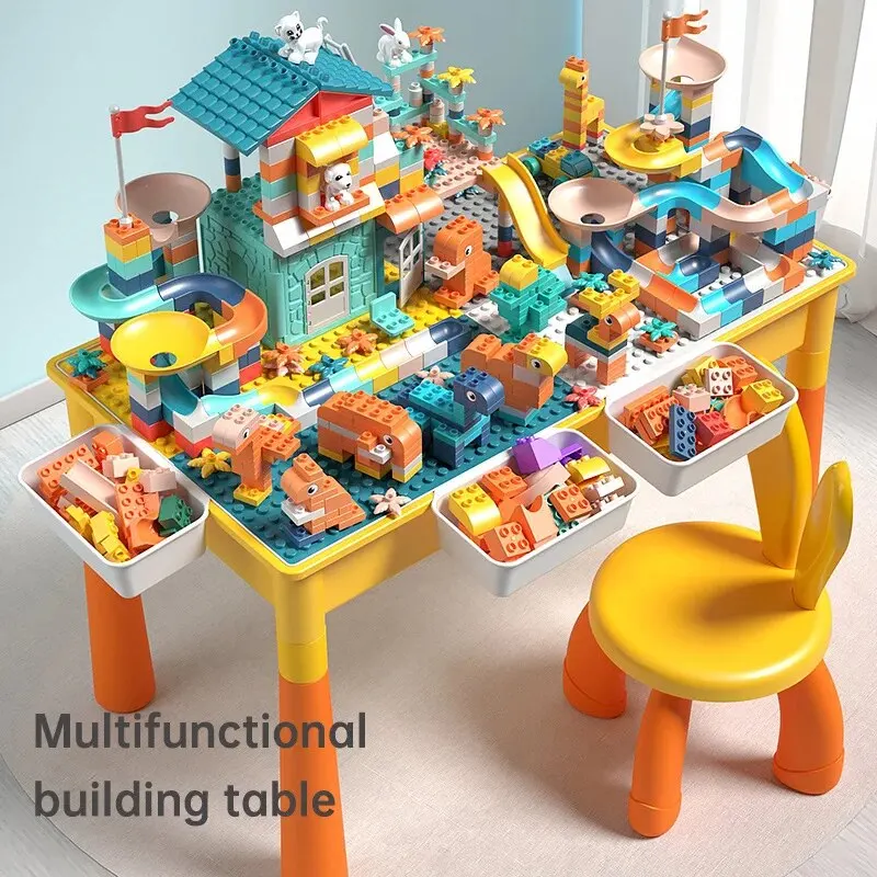 5-in-1 Kids Activity Water Table Toys and Chair Set with 143pcs Large Marble Run DIY Building Block for Kids Ages 3+