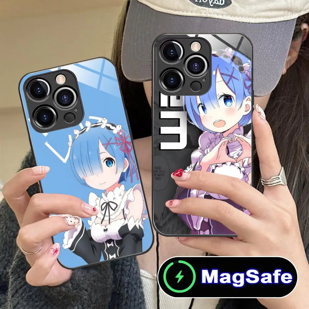 

Чехол для мобильного телефона ReZero Rem Waifu для iPhone 17, 16, 15, 14, 13, 12, 11 Pro Max Plus Mini MagSafe, стеклянный цветной чехол для мобильных телефонов