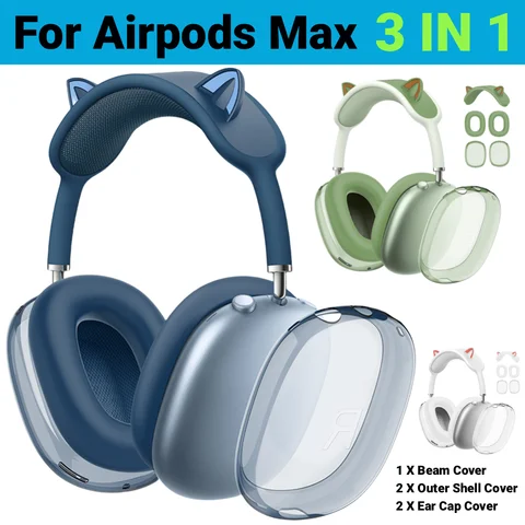 Funda de silicona transparente 3 en 1 con orejas de gato + TPU, funda para almohadillas para los oídos, funda para los oídos, funda para diadema, funda para auriculares para AirPods Max