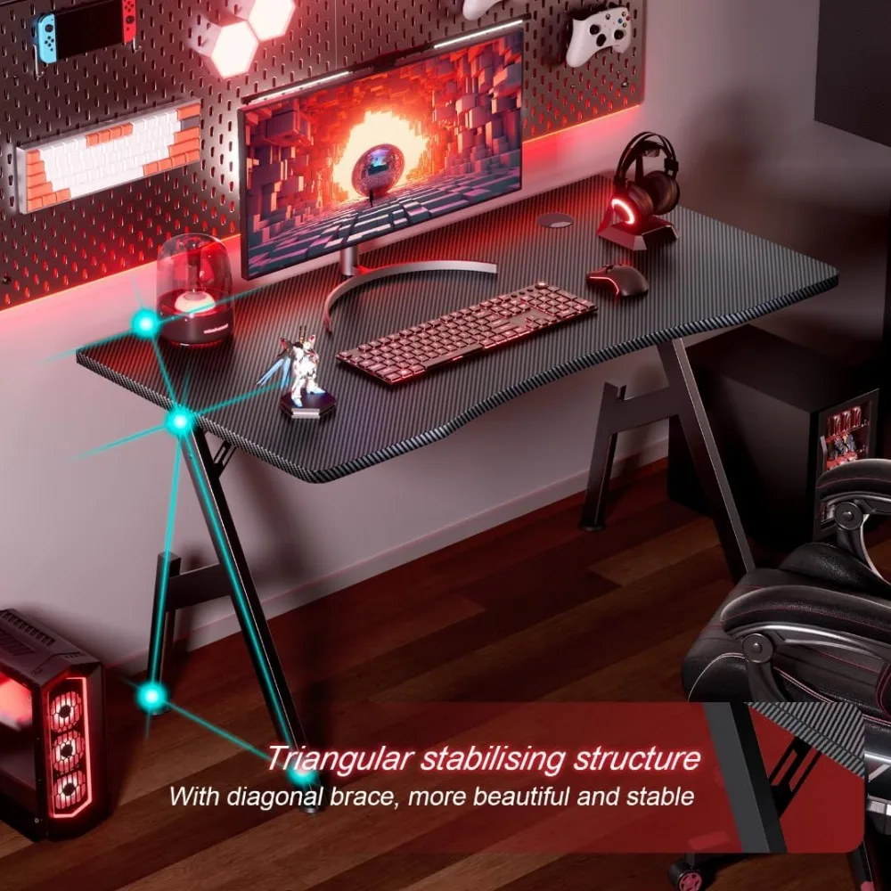40 Inch Gaming Desk with Carbon Fibre Surface- A Shape Large Computer Desk Gaming Table Ergonomic Pc Gaming Workstation
