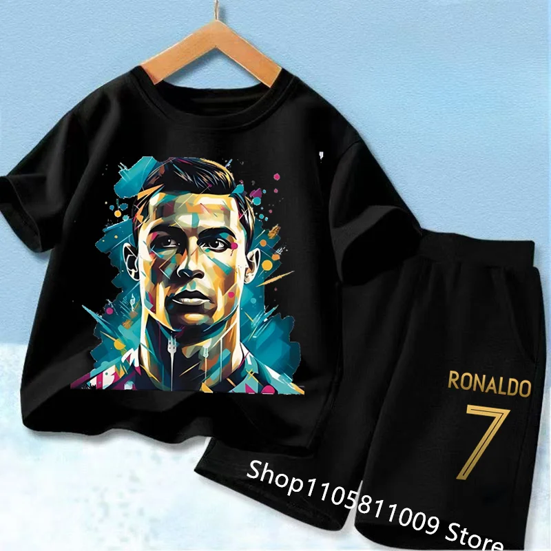 2026 New Kids CR7 Ronaldo Soccer Print Short Sleeve T-Shirt & Shorts 2pcs Set Summer Sports Clothing Outfit for Boys Fashion