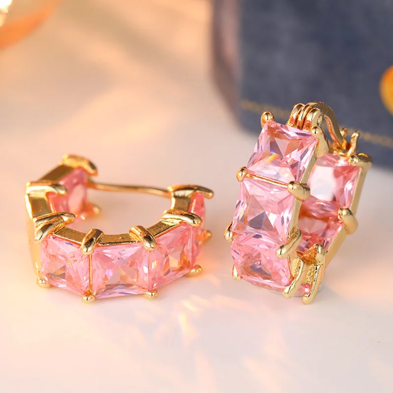 Luxurious Hoop Earrings Inlaid Pink Synthetic Zircon Women's Temperament Earrings Fashion Banquet Party Jewelry