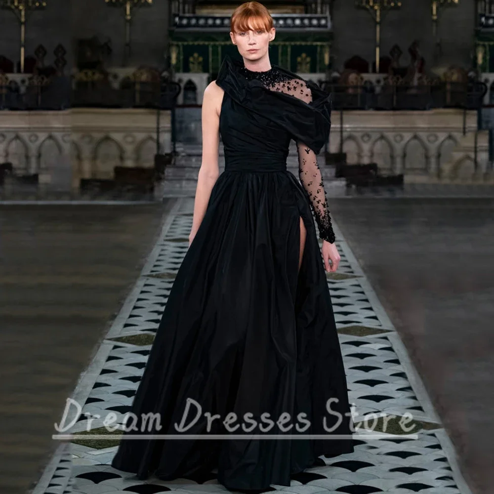 블랙 O넥 원숄더 이브닝 드레스 롱 슬리브 플리츠 A라인 플로어 기장 사이드 슬릿 여성 시크 파티 프롬 아플리케 가운