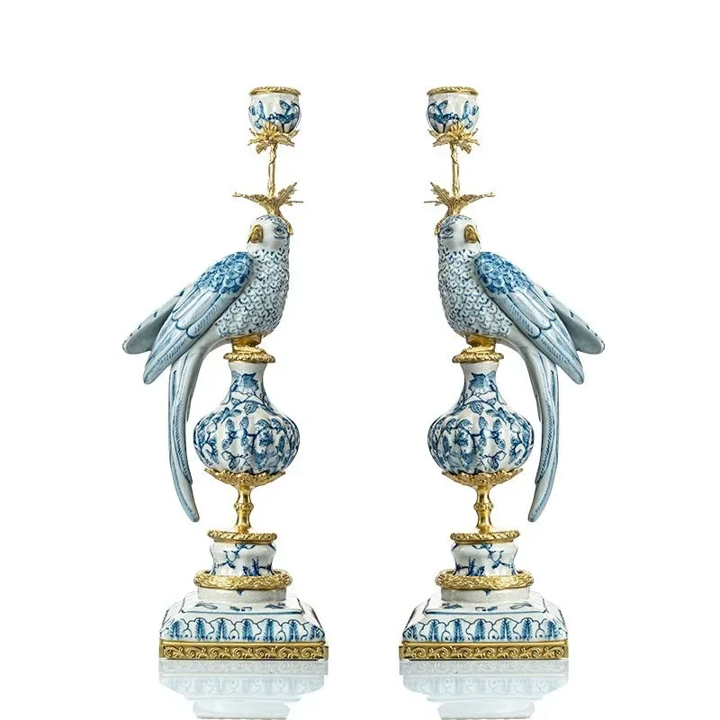 European pure copper hand-painted ceramic parrot candlestick ornament, entrance classical home living room handicraft ornament