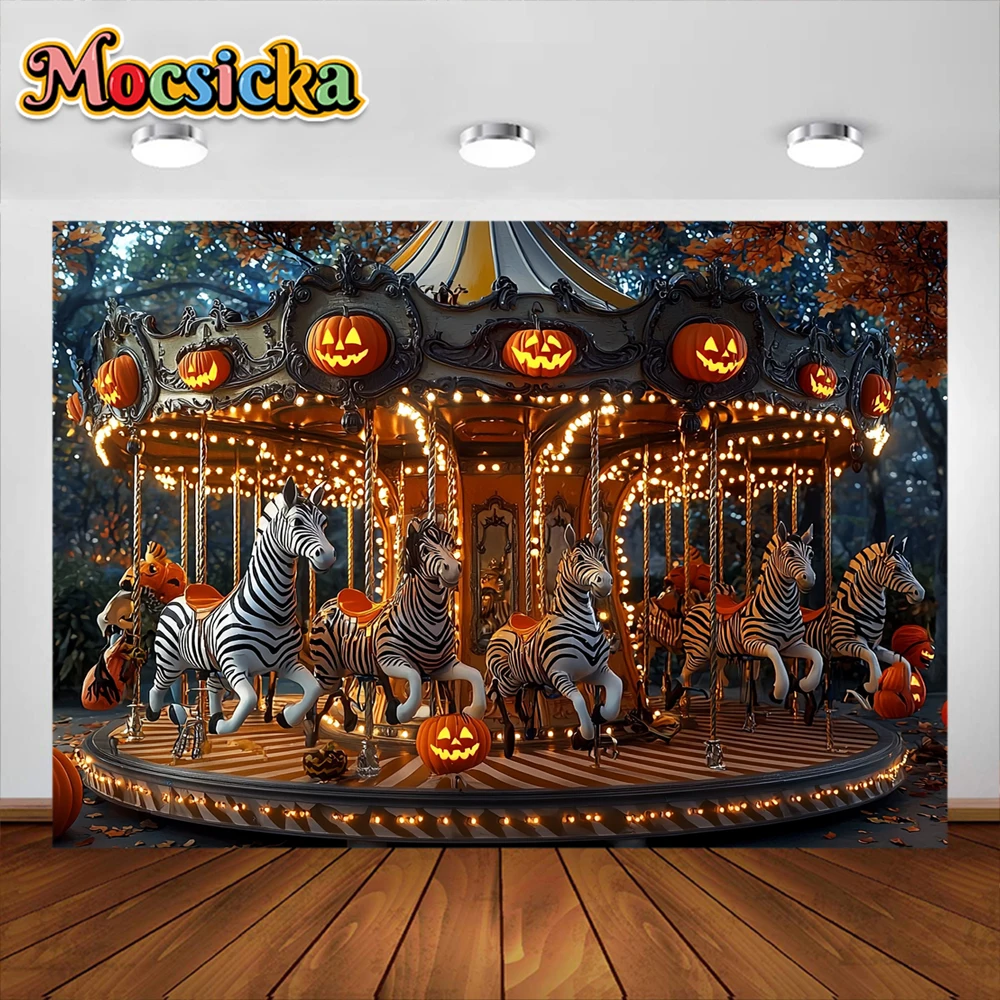 Happy Halloween Photography Background Horror Carousel Children's Park Holiday Decoration Kids Portrait Photo Backdrops Banner
