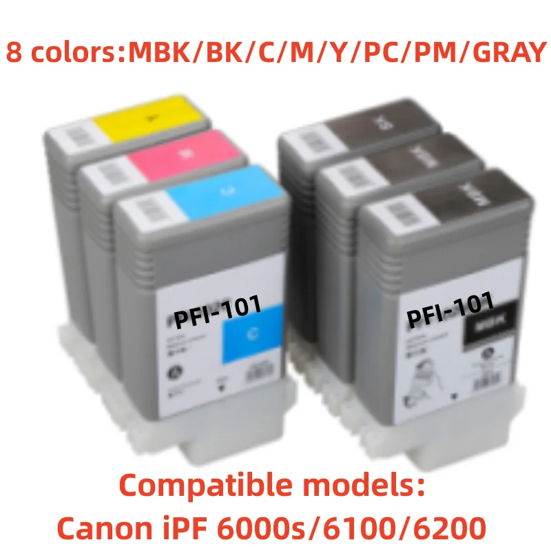 PFI-101 Ink Cartridge 8 Colors (MBK/BK/C/M/Y/PC/PM/GRAY) Ink Pack Replacement for Canon iPF 6000s/6100/6200