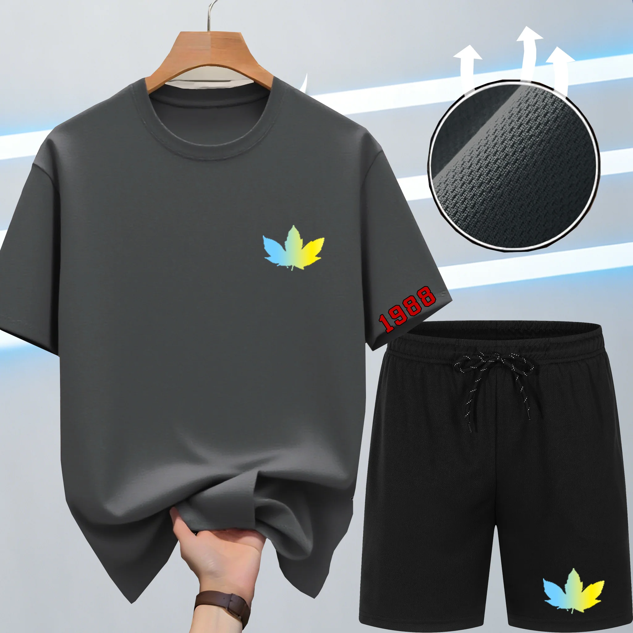 Summer Quick-Dry New Men's 2-Piece Fashion tracksuits Casual Breathable Short Sleeve maple leaf Print Sports T-shirt+Shorts Sets view 3