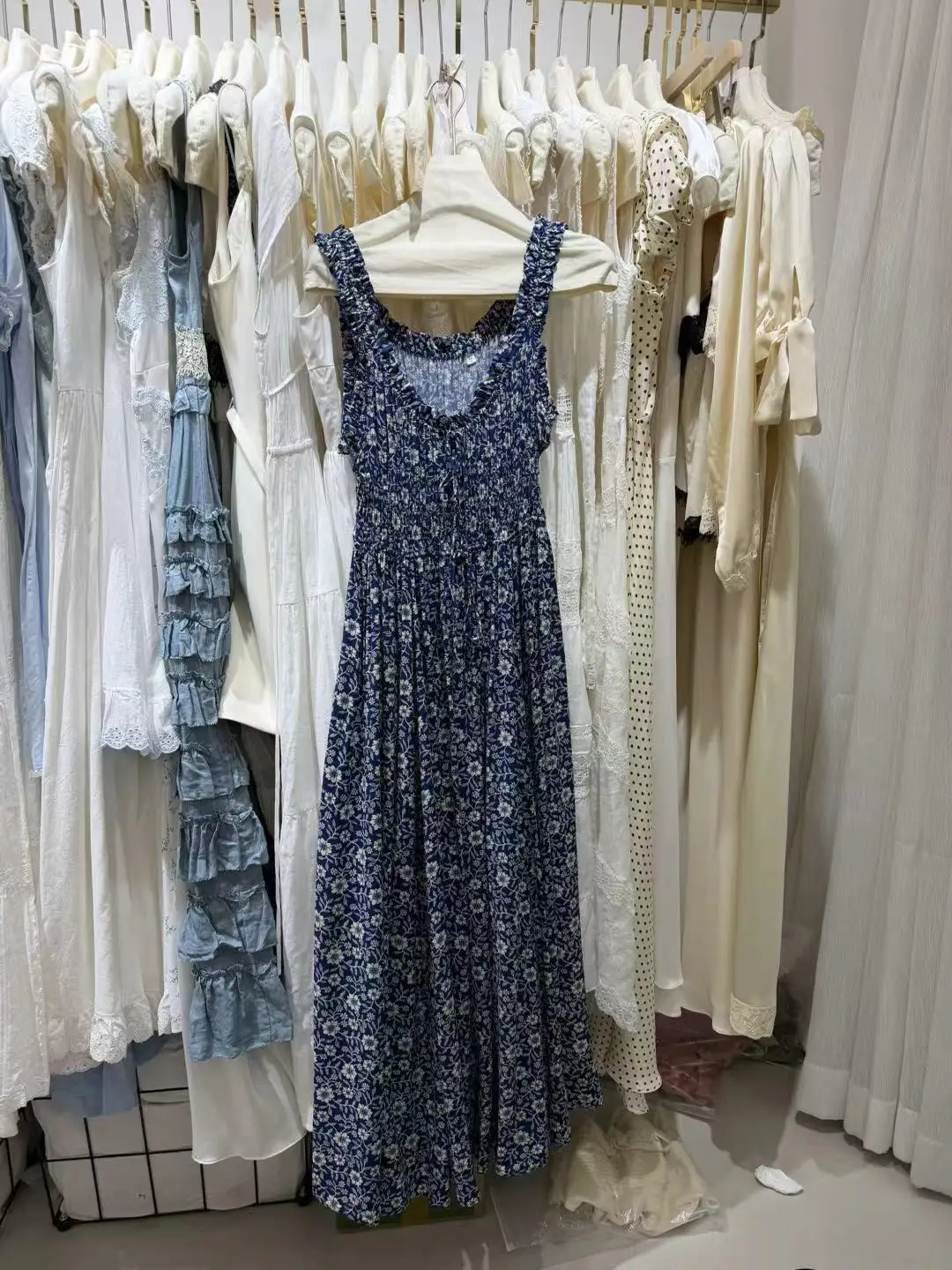Women's Drawstring U-Neck Maxi Dress Floral Printed Ruffled Stitching Sleeveless Elastic Waist Holiday Female Robe
