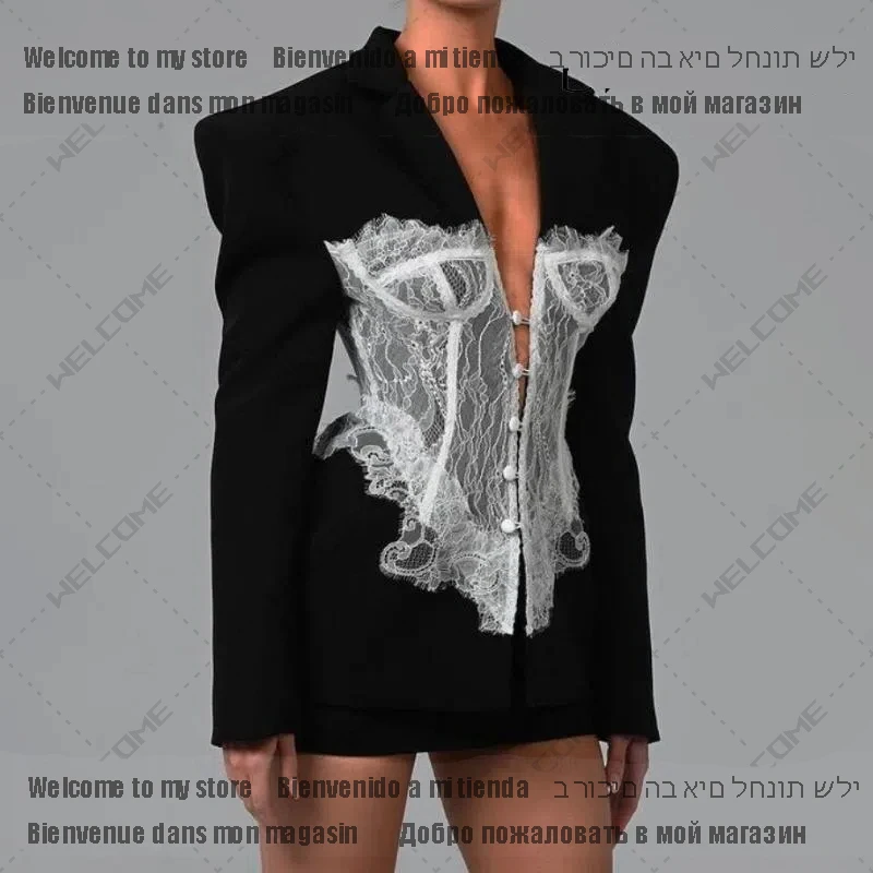 Women Blazer 2024 Autumn Lace Stitched Single Breasted Ladies Black Blazer Coat Vintage Women\'s Slim Suit Jacket New