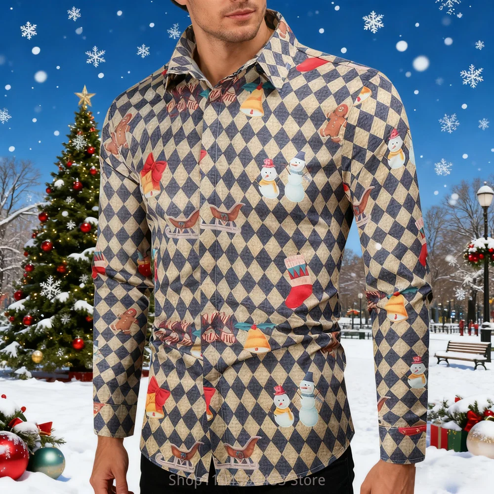 

2025 Men's New Year Christmas Gift Shirt Snowflake Festive Men's Snowman 3D Print Holiday Party Shirt Men's Outerwear Tops