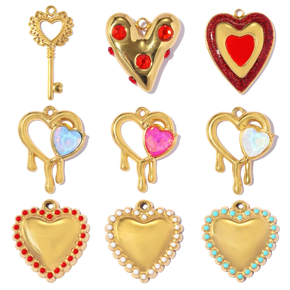 

3pieces18K Gold Plated Heart Enamel Charms Waterproof Fade Resistant Rhinestone Inlaid Melting Heart DIY Jewelry Making Pendants