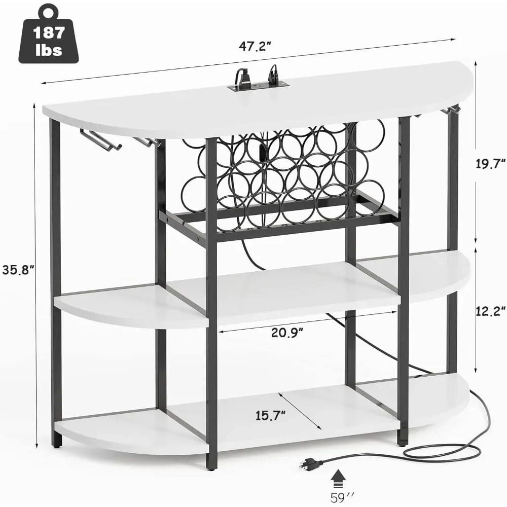 Wine Bar Cabinet for Liquor Bar Table Bar Cabinet with Lights and Outlet 4-Tier Storage  Wine Racks with Glass Holder Mini Bars