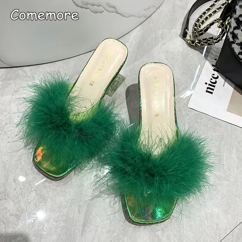 Comemore Women Slippers Summer Fashion Stiletto Sandals Open Toe High Heel 2023 Fur Heels for Woman Pink Shoes Sapatos Femininos