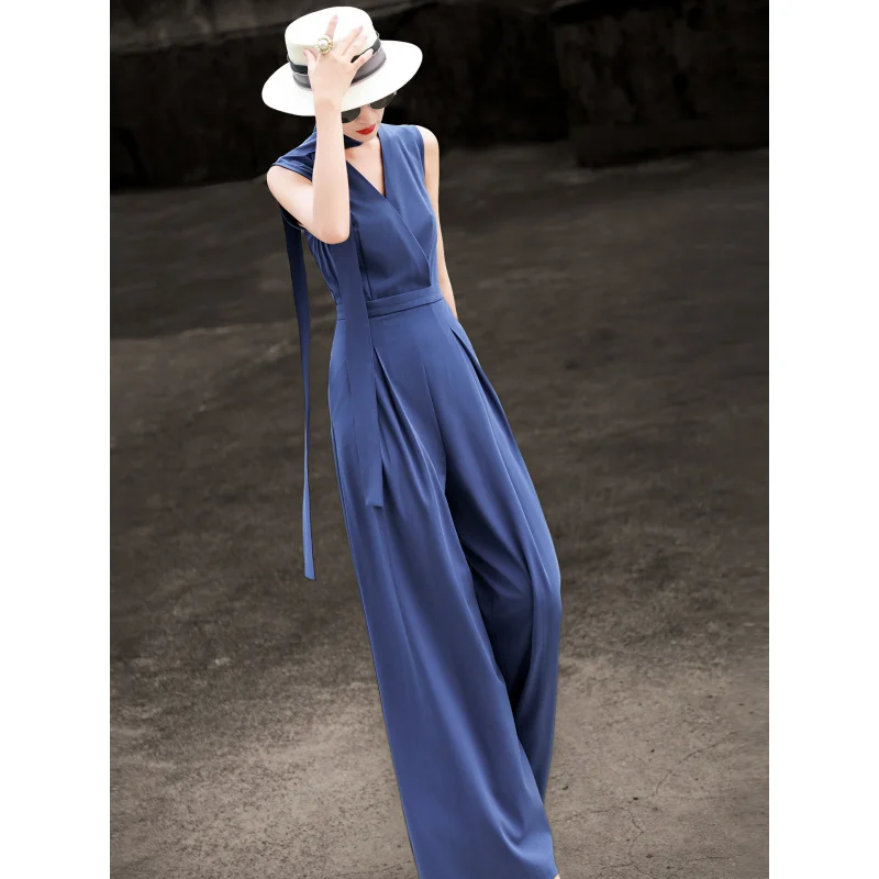 MEXCOCO 2026 New Summer Elegant Commuter Wrap V Neck Sleeveless Back Long Ribbon High Waist Drape Wide Leg Jumpsuit